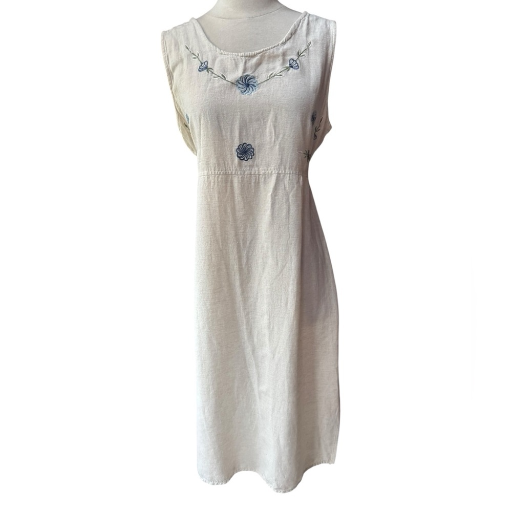 1990s M.P.H. Light Tan, Floral Embroidered, Flex/Rayon Sundress